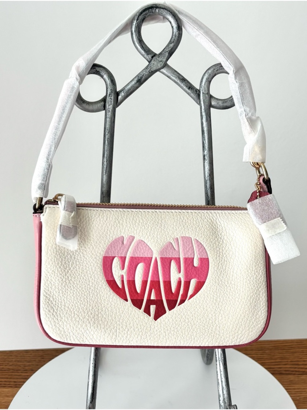 COACH NWT Nolita 19 Wristlet Chalk Pebbled Leather Stripe Heart Motif Bag